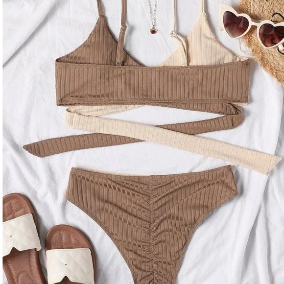 Color Block Wrap 2pc Bikini Swimsuit Bathing Suit - Picture 4 of 5